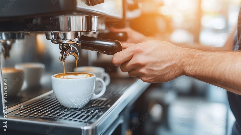 Barista making latte art, espresso pouring into cup. Barista making latte art, espresso pouring into cup.