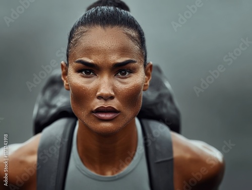 Intense determination radiates from an athlete preparing for a challenging ascent in a rugged outdoor environment during dawn photo