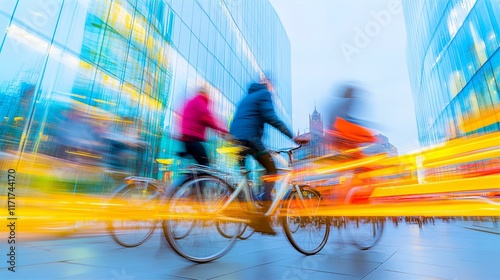 People cycling in city, postmodernism style soft blur image  photo