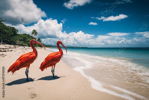 Two scarlet ibises standing on a pristine beach near turquoise ocean under a vibrant blue sky.