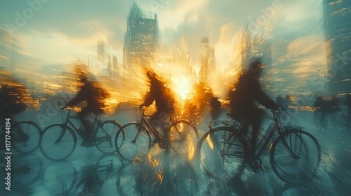 People cycling in city, postmodernism style soft blur image  photo