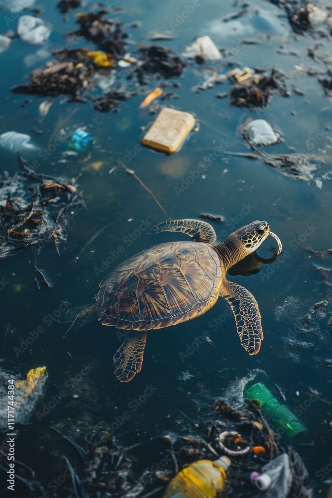 Obraz premium Wildlife suffers from plastic pollution as turtles get entangled in discarded plastic rings in polluted waters