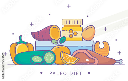 Illustration related to the paleo diet including meat and natural foods