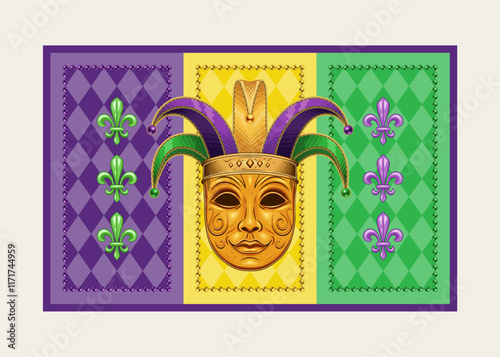 Rectangular Mardi Gras banner, flag with Fleur de Lis symbol, beads, golden venetian face mask in jester harlequin hat. Traditional holiday colors. Vintage style
