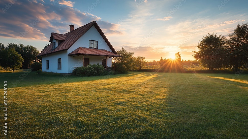 Sunset view of a cozy house on a green lawn. Sunset view of a cozy house on a green lawn.