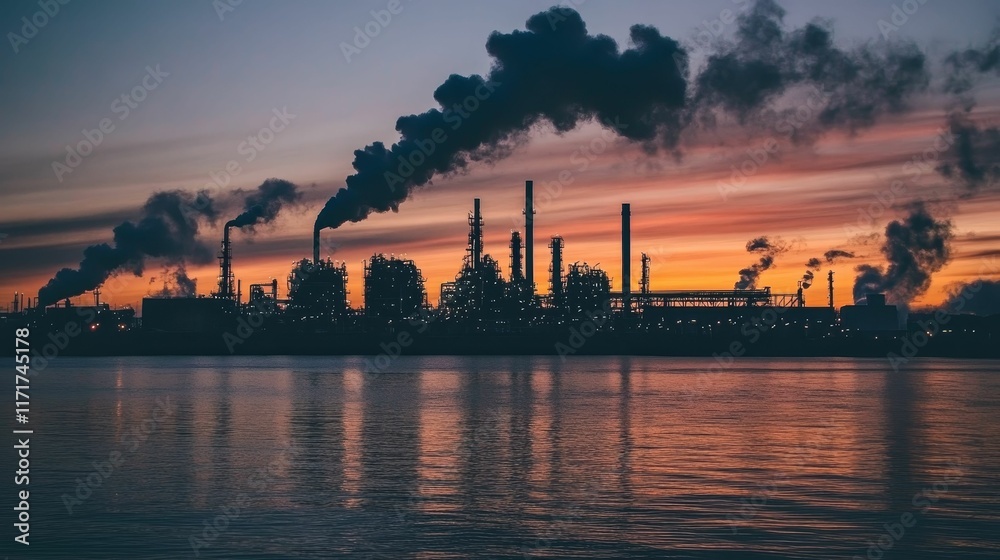 Naklejka premium Industrial complex silhouetted against sunset, water reflection.