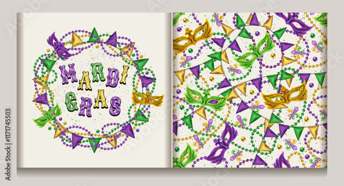 Seamless Mardi Gras pattern with masks, scattered trinket, pennant garland, strings of beads on white background. Circular holiday composition with strings of beads, pennant garland, text