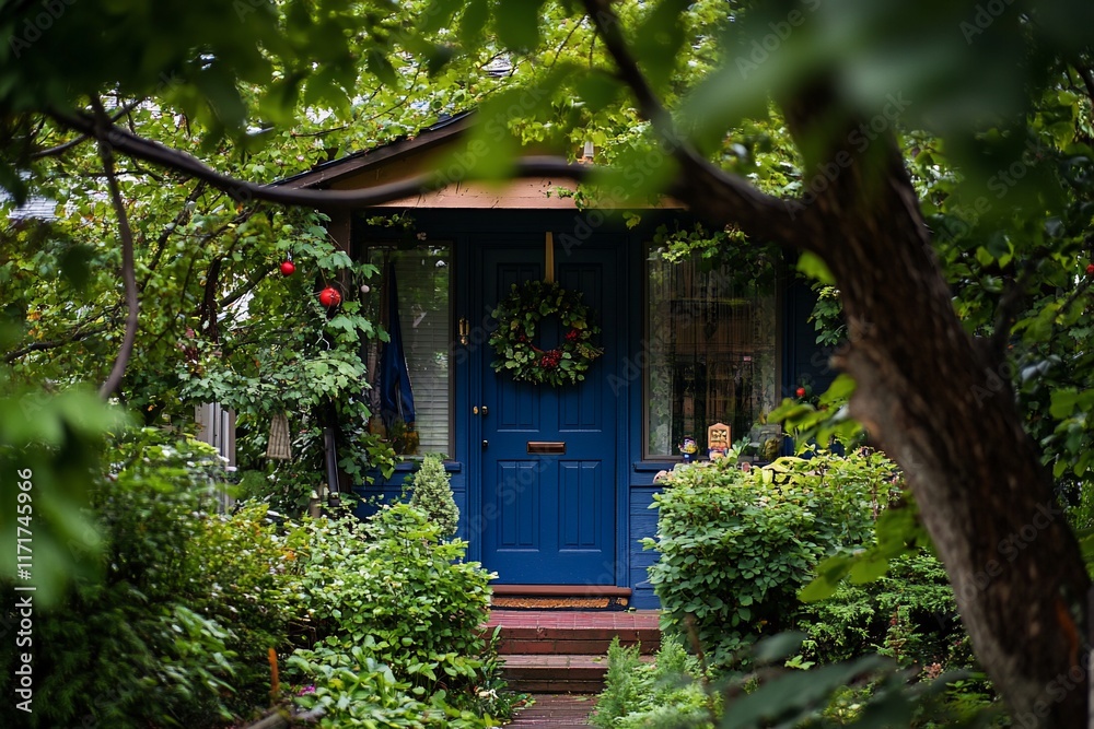 Blue door charming house hidden amongst lush green foliage. Blue door charming house hidden amongst lush green foliage.