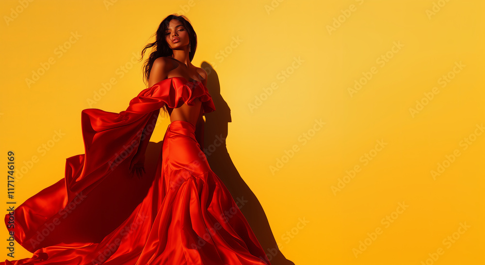 Dynamic portrait of a woman in a flowing red dress against a vibrant yellow background captured in a bright setting Dynamic portrait of a woman in a flowing red dress against a vibrant yellow background captured in a bright setting