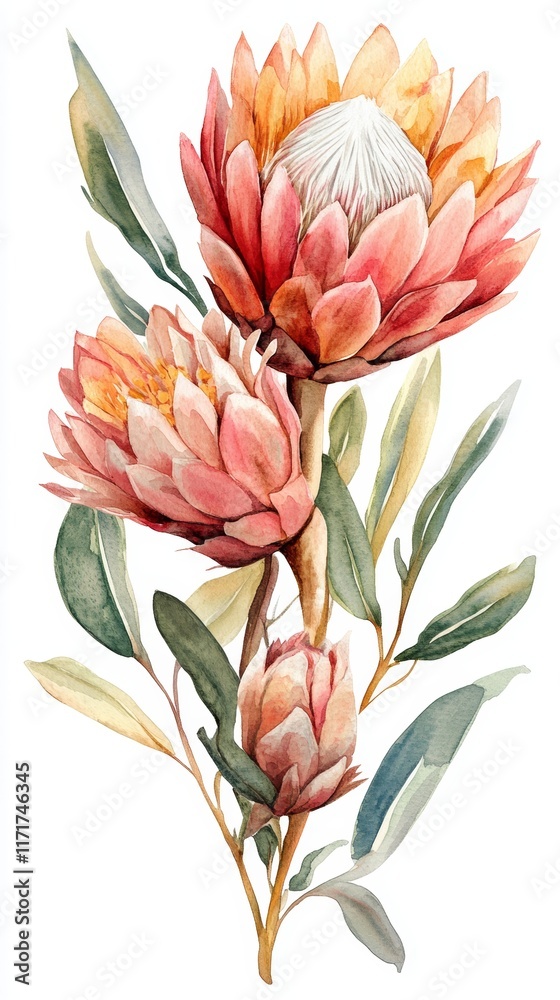 Watercolor Style Protea Flowers Isolated on White Background, perfect for floral designs, greeting cards, and botanical illustrations Watercolor Style Protea Flowers Isolated on White Background, perfect for floral designs, greeting cards, and botanical illustrations