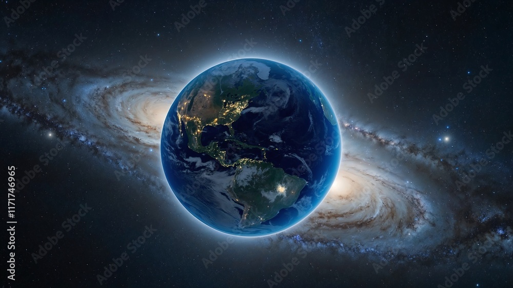 Fototapeta premium Planet Earth blue shining - horizon, stars and galaxies