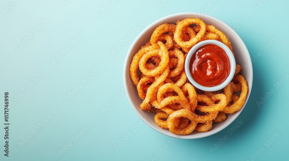 Crispy curly fries in a bowl with ketchup.