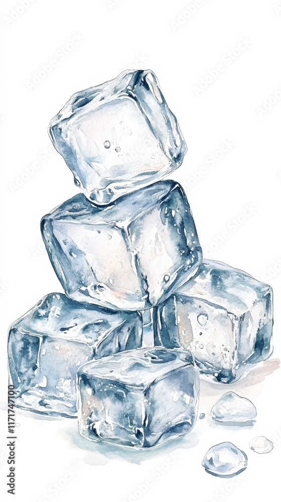 Detailed Watercolor Illustration of Ice Cubes Isolated on White Background, perfect for summer drinks and culinary designs Detailed Watercolor Illustration of Ice Cubes Isolated on White Background, perfect for summer drinks and culinary designs