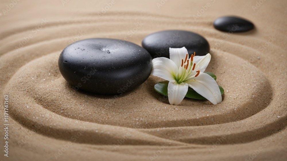Fototapeta premium Sand, lily and spa stones in zen garden