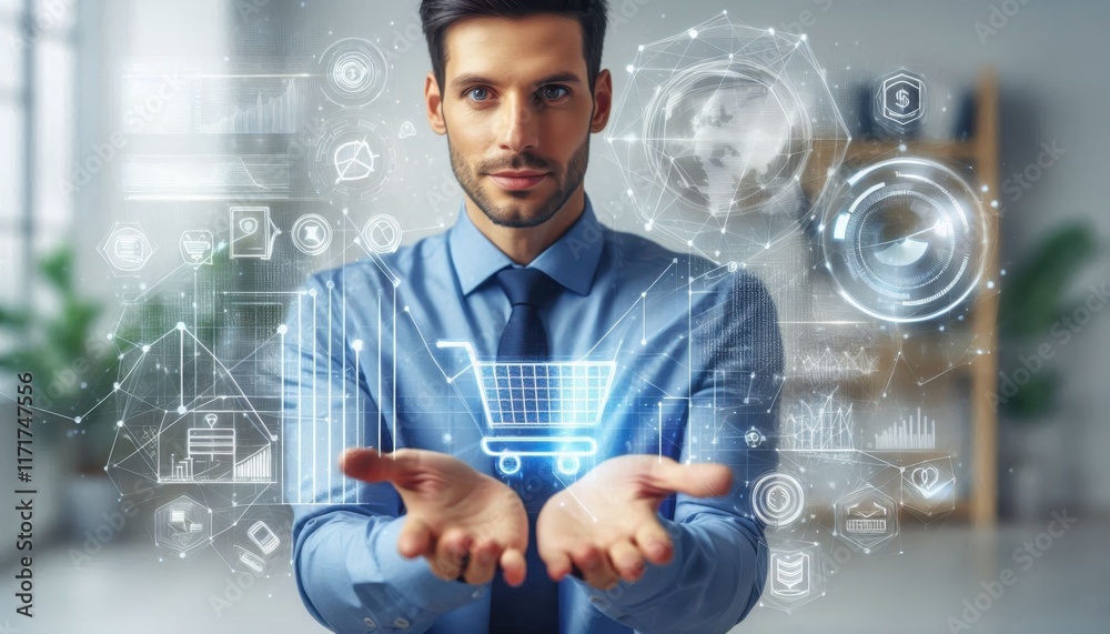Digital business interface, holographic shopping cart icon, data analytics charts, glowing light in hands, businessman in blue shirt, futuristic technology, e-commerce concept, dark office background, Digital business interface, holographic shopping cart icon, data analytics charts, glowing light in hands, businessman in blue shirt, futuristic technology, e-commerce concept, dark office background,