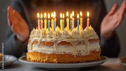 A festive birthday cake adorned with colorful candles, flames glowing, and hands raised in celebration. photo