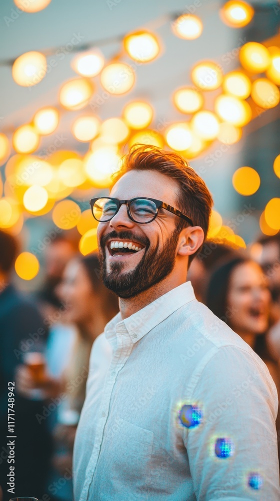 Obraz premium A joyful man with glasses smiles brightly at a lively outdoor gathering illuminated by warm string lights.