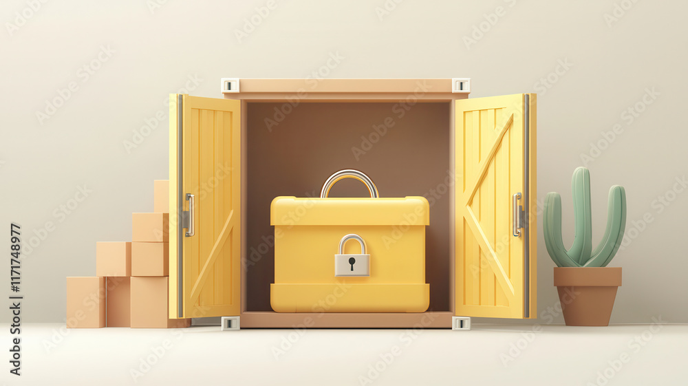 A bright yellow locked box sits inside an open cupboard, with potted cactus and stacked boxes nearby, creating a modern, minimalistic scene. A bright yellow locked box sits inside an open cupboard, with potted cactus and stacked boxes nearby, creating a modern, minimalistic scene.