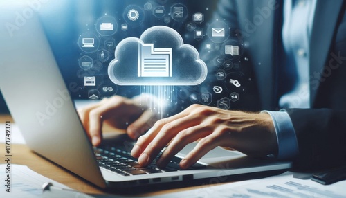 Hands typing on laptop keyboard, holographic cloud computing icons floating above, dark office setting, futuristic technology concept, blue glowing digital symbols, cybersecurity visualization, close-