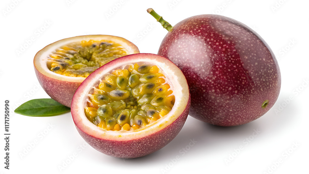 Whole passion fruits with half on white background Whole passion fruits with half on white background
