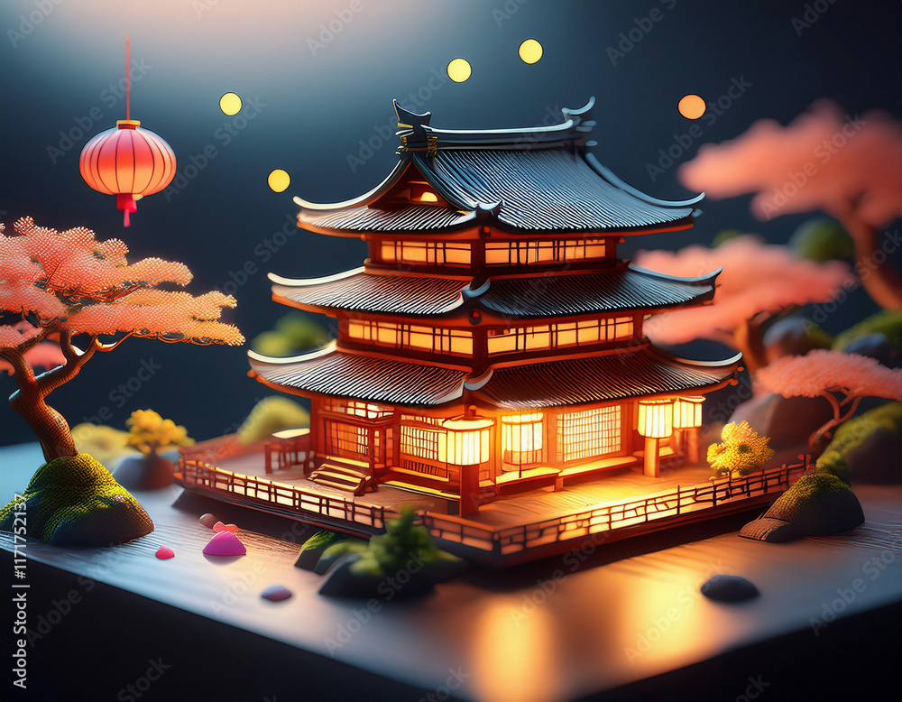 Fototapeta premium A luminous Japanese pagoda temple glows warmly against a twilight sky with floating lanterns and cherry blossoms in a detailed 3D illustration.