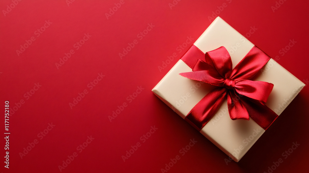 Fototapeta premium Beige gift box with red ribbon bow on red background, celebrating Valentine's Day with a special present