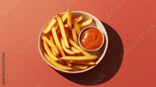 Crispy golden french fries served with a side of spicy tomato sauce in a beige bowl on a red background. photo