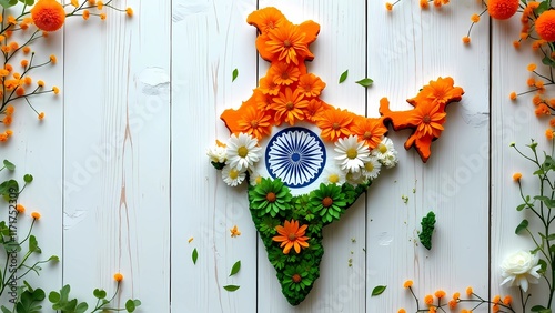 Map of India adorned with vibrant natural flowers for Independence Day celebration, generative ai	