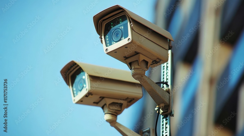 Two surveillance cameras mounted on a pole. Two surveillance cameras mounted on a pole.