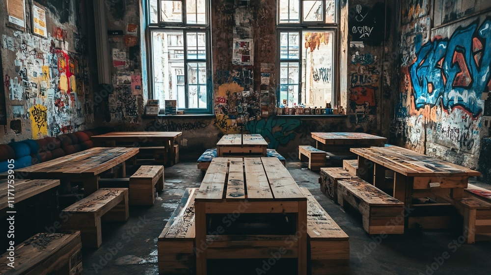 Rustic interior of a graffiti-covered cafe with wooden tables and benches. Rustic interior of a graffiti-covered cafe with wooden tables and benches.