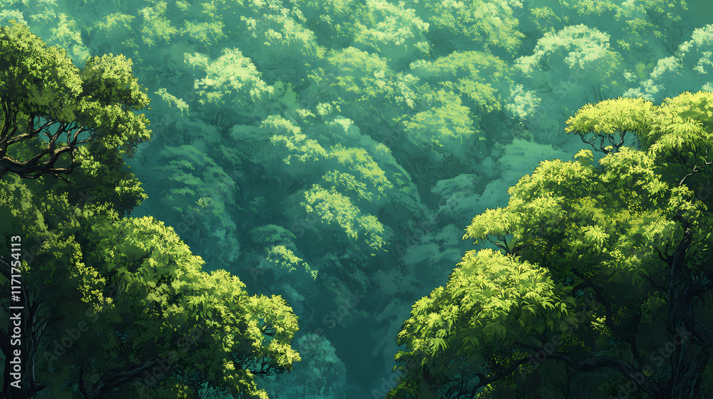 A view of a jungle canopy from above, showing endless green and layers of treetops. Treetop. Illustration A view of a jungle canopy from above, showing endless green and layers of treetops. Treetop. Illustration