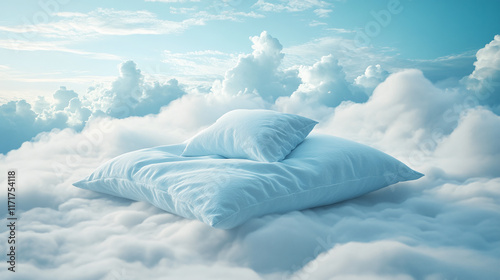 Blue bed pillow and bedsheets floating on sky with clouds. comfortable cozy bedroom space, beautiful bedtime night rest dream, soft dreamlike relaxing sleep or nap, high, fluffy, furniture.