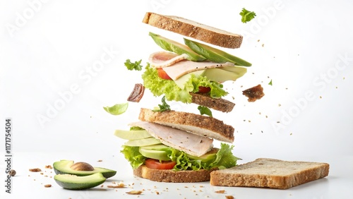 Creative deconstructed sandwich showcasing fresh ingredients floating in mid-air above whole grain bread slices photo