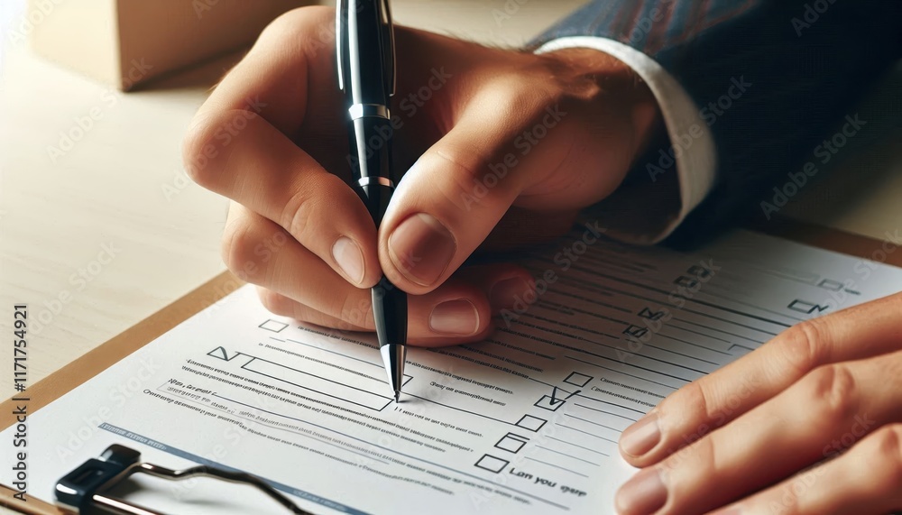 Hand holding silver pen, writing on paper form, close-up shot, green background, detailed fingers, crisp focus, high contrast, office setting, bureaucratic paperwork, filling out document, photorealis Hand holding silver pen, writing on paper form, close-up shot, green background, detailed fingers, crisp focus, high contrast, office setting, bureaucratic paperwork, filling out document, photorealis