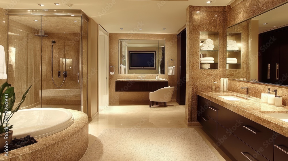 Fototapeta premium Luxurious ensuite bathroom, marble, city view, relaxation, real estate