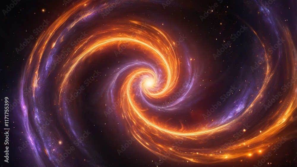 Obraz premium Orange and purple cosmic spiral filled with sparkling light trails.