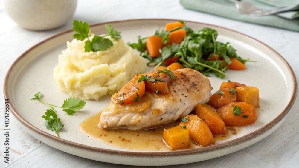 Simple elegance presented in a minimalist apricot chicken plate featuring creamy mashed potatoes and vibrant sides Simple elegance presented in a minimalist apricot chicken plate featuring creamy mashed potatoes and vibrant sides