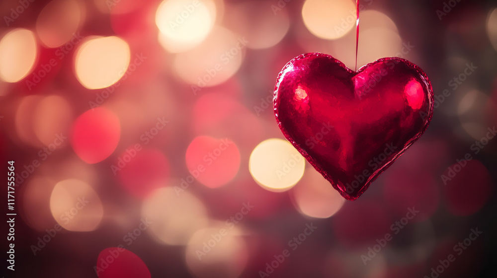 Delicate red heart suspended from thin string, blurred festive lights softening romantic holiday mood with gentle, dreamy visual effect Delicate red heart suspended from thin string, blurred festive lights softening romantic holiday mood with gentle, dreamy visual effect