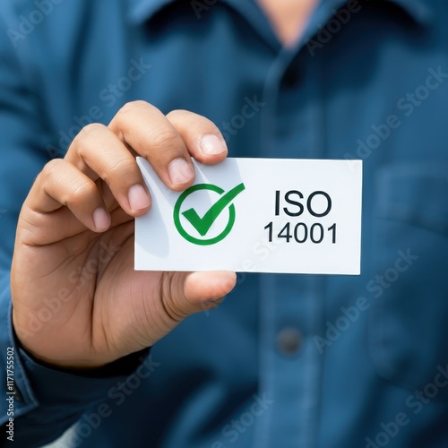 Business professional, holding white card, ISO certification, green checkmark, close-up shot, crisp focus, corporate attire, blue shirt, quality assurance concept, hand detail, minimalist design, clea photo