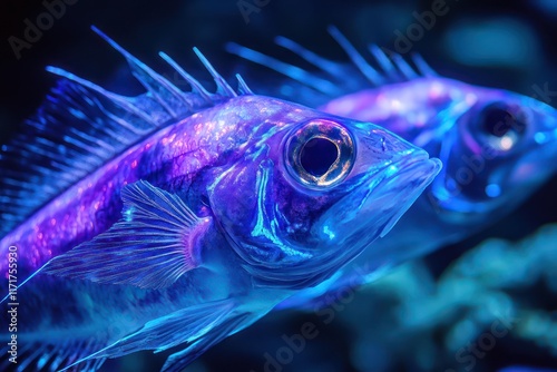 Angular fish with sharp, bioluminescent edges, their bodies shimmering in electric blue and violet hues. photo