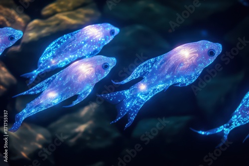 Bioluminescent fish resembling glowing icicles, their bodies glowing in soft blues and purples as they swim. photo