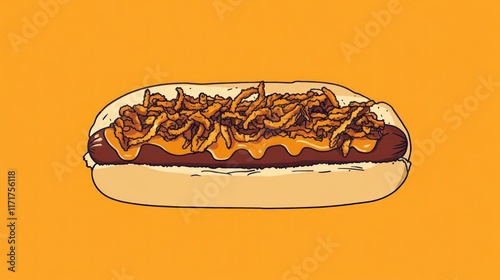 Delicious hot dog with crispy fried onions and cheese sauce. photo