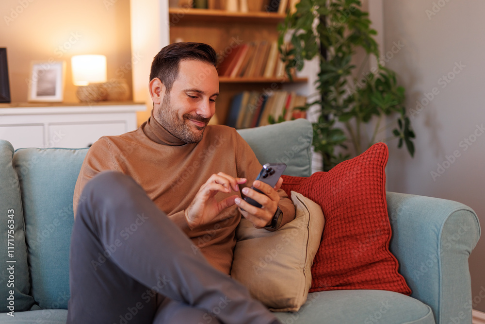 Handsome entrepreneur smiling and messaging over mobile phone while relaxing on sofa in living room Handsome entrepreneur smiling and messaging over mobile phone while relaxing on sofa in living room