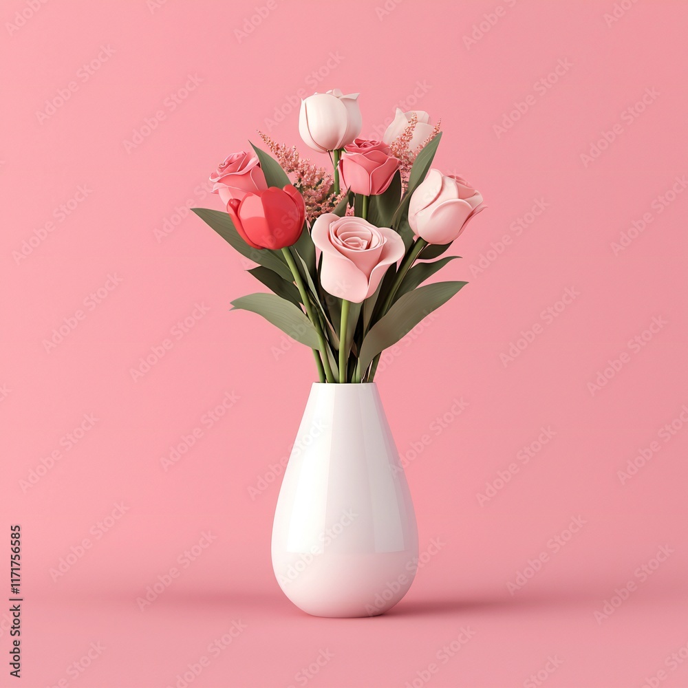 Obraz premium Valentine's Day Romantic Pink and Red Roses and Tulips in White Vase Spring Floral Arrangement
