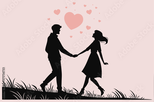 A romantic couple silhouette holding hands.