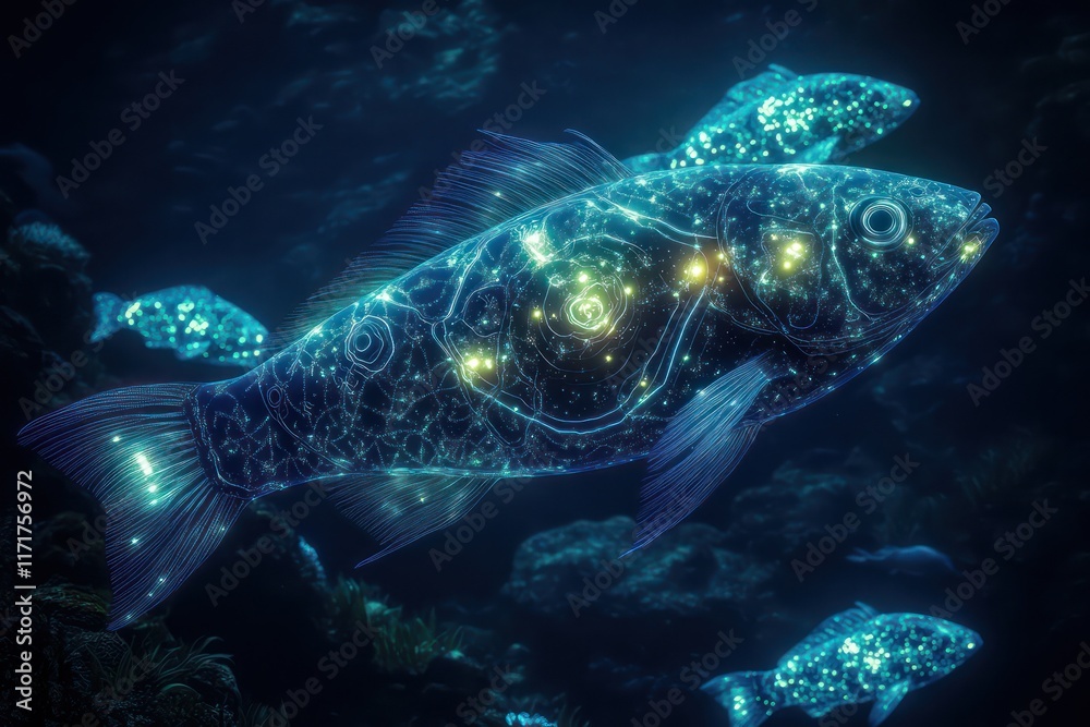 Fototapeta premium Bioluminescent fish with intricate patterns resembling celestial constellations, their bodies glowing softly in deep ocean trenches.