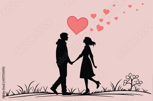 A romantic couple silhouette holding hands.