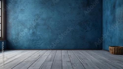 Panoramic abstract blue background for product presentation with sunlight and blurred shadows wall. Winter background. 