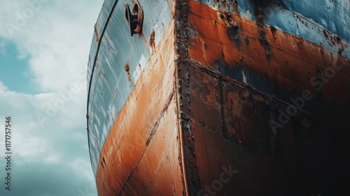 Rusty ship hull detail against cloudy sky. photo