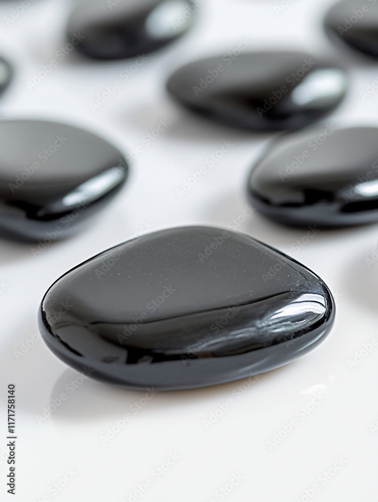 Close-up of smooth, black polished stones on a white background. Close-up of smooth, black polished stones on a white background.